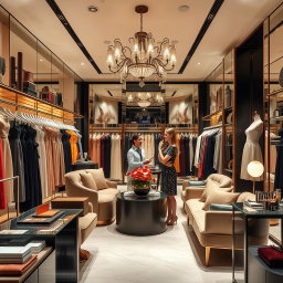 Generate an image of a sophisticated and elegant boutique filled with luxurious clothing items priced at 1,100 Pesos each
