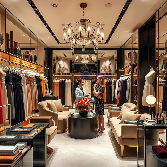 Generate an image of a sophisticated and elegant boutique filled with luxurious clothing items priced at 1,100 Pesos each