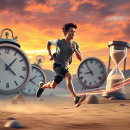 A scene depicting the concept of 'running against time,' featuring a dynamic figure sprinting through a surreal landscape where time is visually represented