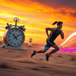 A scene depicting the concept of 'running against time,' featuring a dynamic figure sprinting through a surreal landscape where time is visually represented