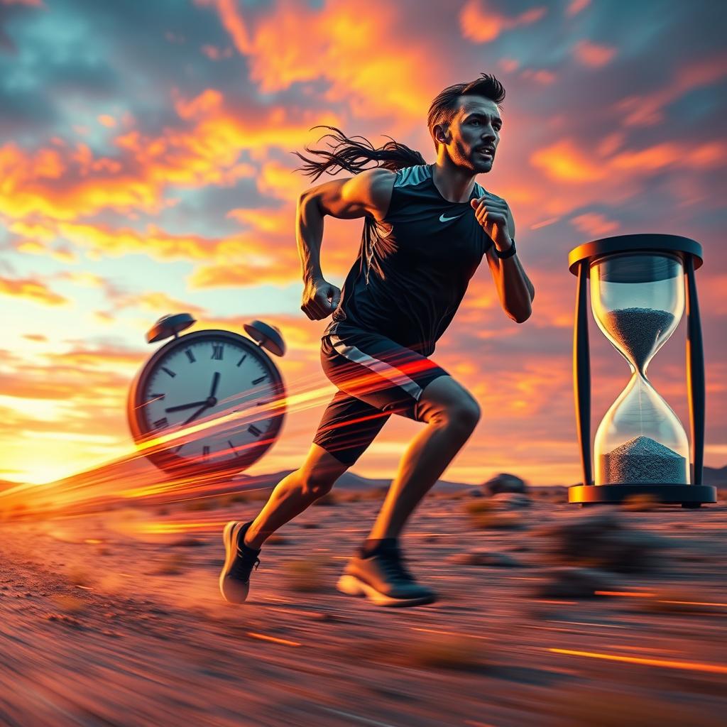 A scene depicting the concept of 'running against time,' featuring a dynamic figure sprinting through a surreal landscape where time is visually represented