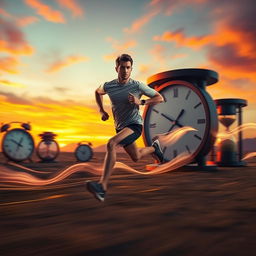 A scene depicting the concept of 'running against time,' featuring a dynamic figure sprinting through a surreal landscape where time is visually represented