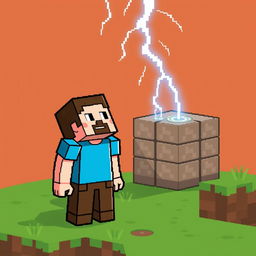A pixel art illustration featuring Steve from Minecraft standing next to a command block, with a lightning bolt crashing down from the sky