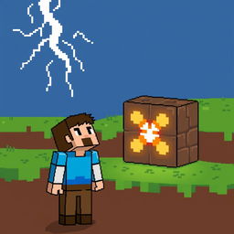 A pixel art illustration featuring Steve from Minecraft standing next to a command block, with a lightning bolt crashing down from the sky