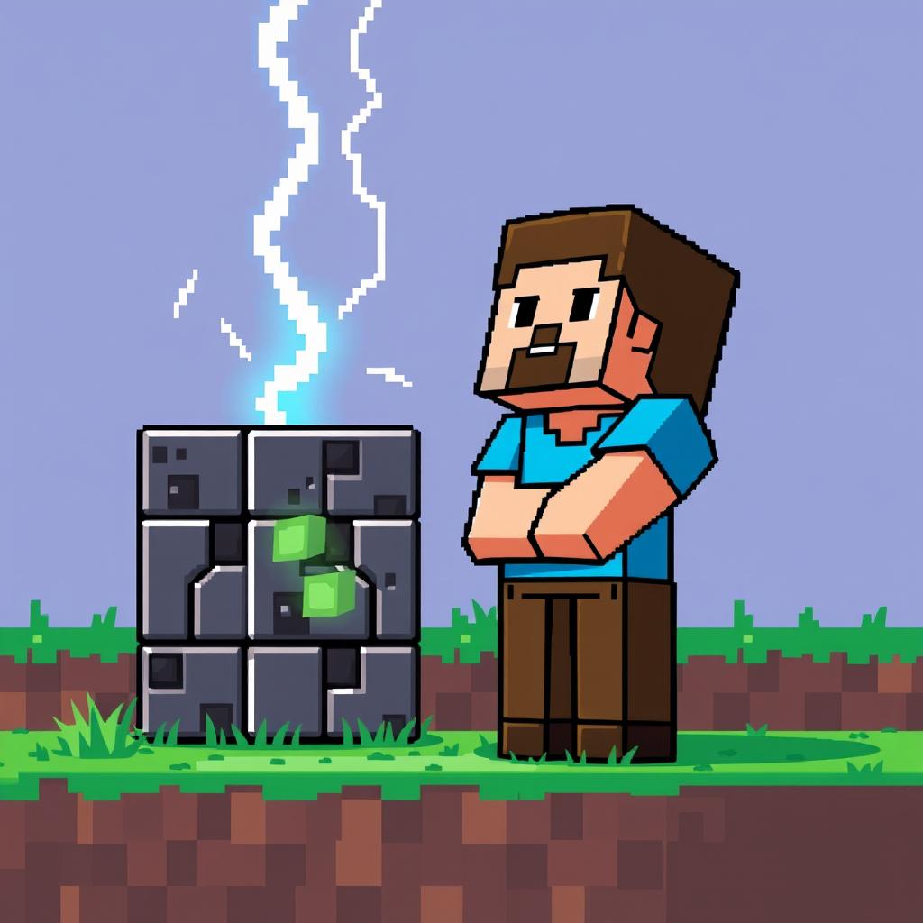 A pixel art illustration featuring Steve from Minecraft standing next to a command block, with a lightning bolt crashing down from the sky