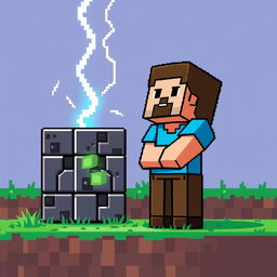 A pixel art illustration featuring Steve from Minecraft standing next to a command block, with a lightning bolt crashing down from the sky