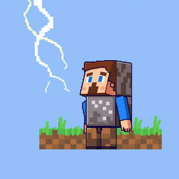 A pixel art illustration featuring Steve from Minecraft standing next to a command block, with a lightning bolt crashing down from the sky