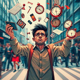 A representation of the concept of 'doing too much,' captured in a visually striking scene featuring a person juggling multiple tasks and responsibilities
