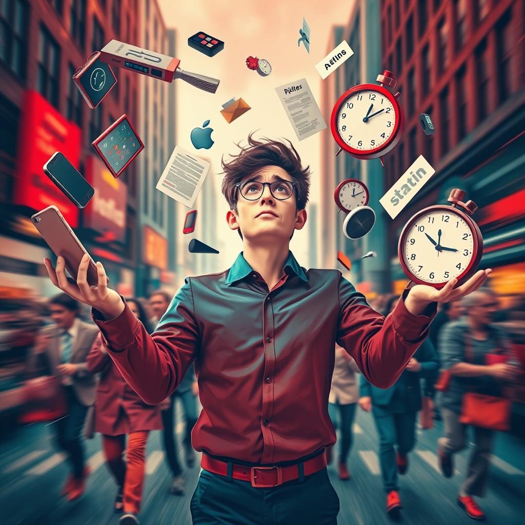 A representation of the concept of 'doing too much,' captured in a visually striking scene featuring a person juggling multiple tasks and responsibilities