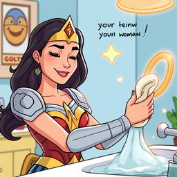 Wonder Woman, dressed in her iconic armor and tiara, is gently cleaning a messy situation
