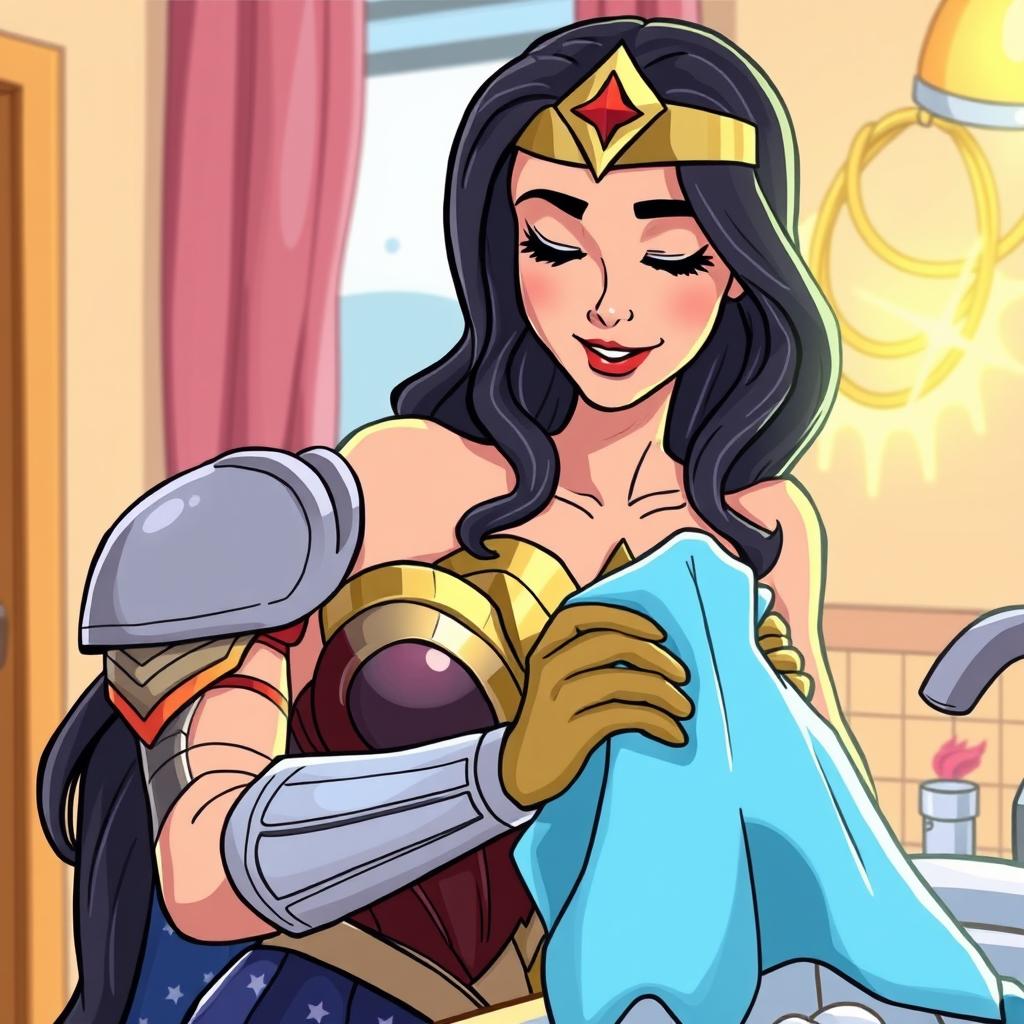 Wonder Woman, dressed in her iconic armor and tiara, is gently cleaning a messy situation