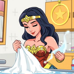 Wonder Woman, dressed in her iconic armor and tiara, is gently cleaning a messy situation