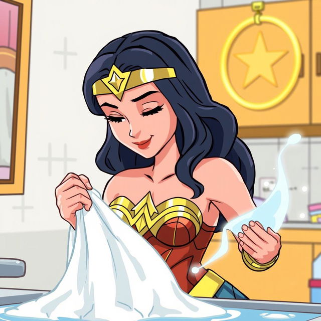 Wonder Woman, dressed in her iconic armor and tiara, is gently cleaning a messy situation