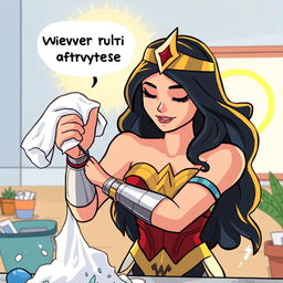 Wonder Woman, dressed in her iconic armor and tiara, is gently cleaning a messy situation