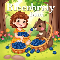 A cute children's book cover illustration featuring a young girl sitting on the ground playfully feeding blueberries to a sable animal