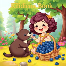 A cute children's book cover illustration featuring a young girl sitting on the ground playfully feeding blueberries to a sable animal