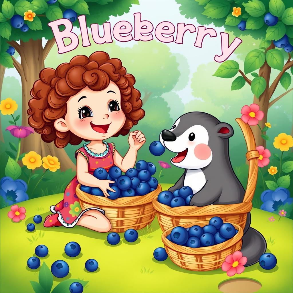 A cute children's book cover illustration featuring a young girl sitting on the ground playfully feeding blueberries to a sable animal