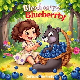 A cute children's book cover illustration featuring a young girl sitting on the ground playfully feeding blueberries to a sable animal