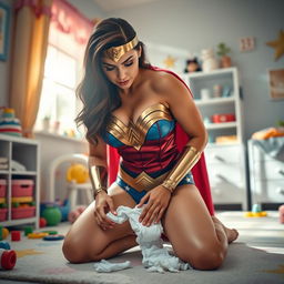 Wonder Woman, dressed in her classic superhero attire with the iconic red and blue colors, gracefully kneeling down to clean up a messy diaper blowout