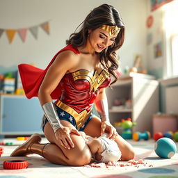 Wonder Woman, dressed in her classic superhero attire with the iconic red and blue colors, gracefully kneeling down to clean up a messy diaper blowout