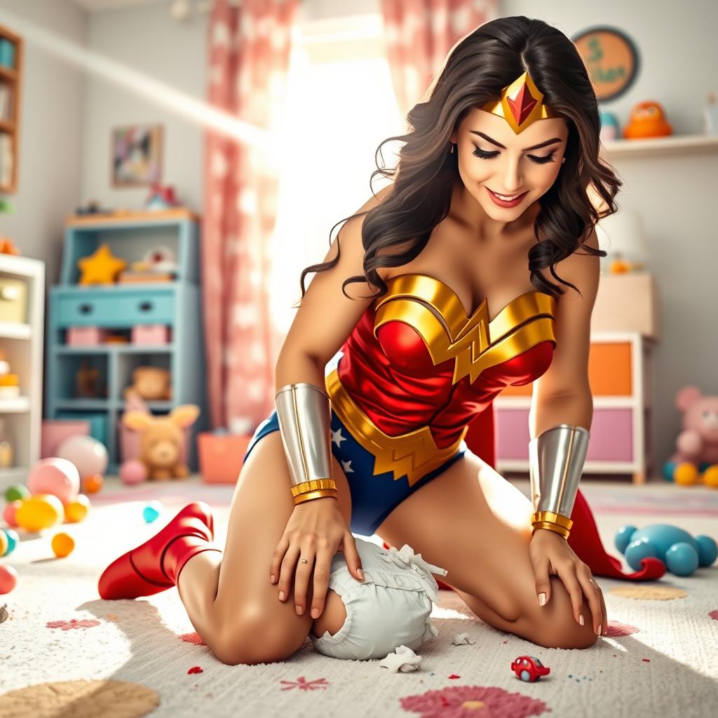 Wonder Woman, dressed in her classic superhero attire with the iconic red and blue colors, gracefully kneeling down to clean up a messy diaper blowout