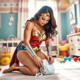 Wonder Woman, dressed in her classic superhero attire with the iconic red and blue colors, gracefully kneeling down to clean up a messy diaper blowout