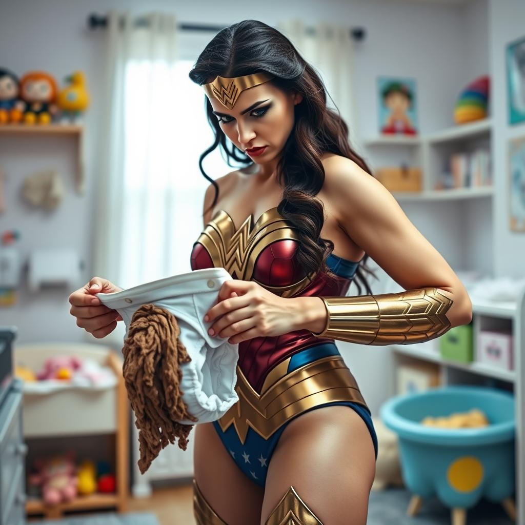 Wonder Woman, portrayed as a strong and determined superheroine, wearing her iconic costume with a look of disgust on her face as she changes a diaper that has experienced a messy blowout full of poo