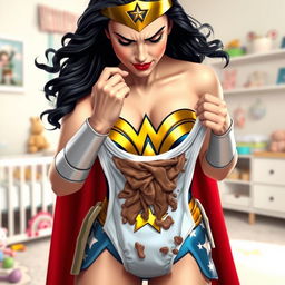 Wonder Woman, portrayed as a strong and determined superheroine, wearing her iconic costume with a look of disgust on her face as she changes a diaper that has experienced a messy blowout full of poo