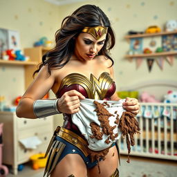 Wonder Woman, portrayed as a strong and determined superheroine, wearing her iconic costume with a look of disgust on her face as she changes a diaper that has experienced a messy blowout full of poo