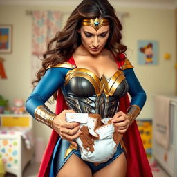 Wonder Woman, portrayed as a strong and determined superheroine, wearing her iconic costume with a look of disgust on her face as she changes a diaper that has experienced a messy blowout full of poo