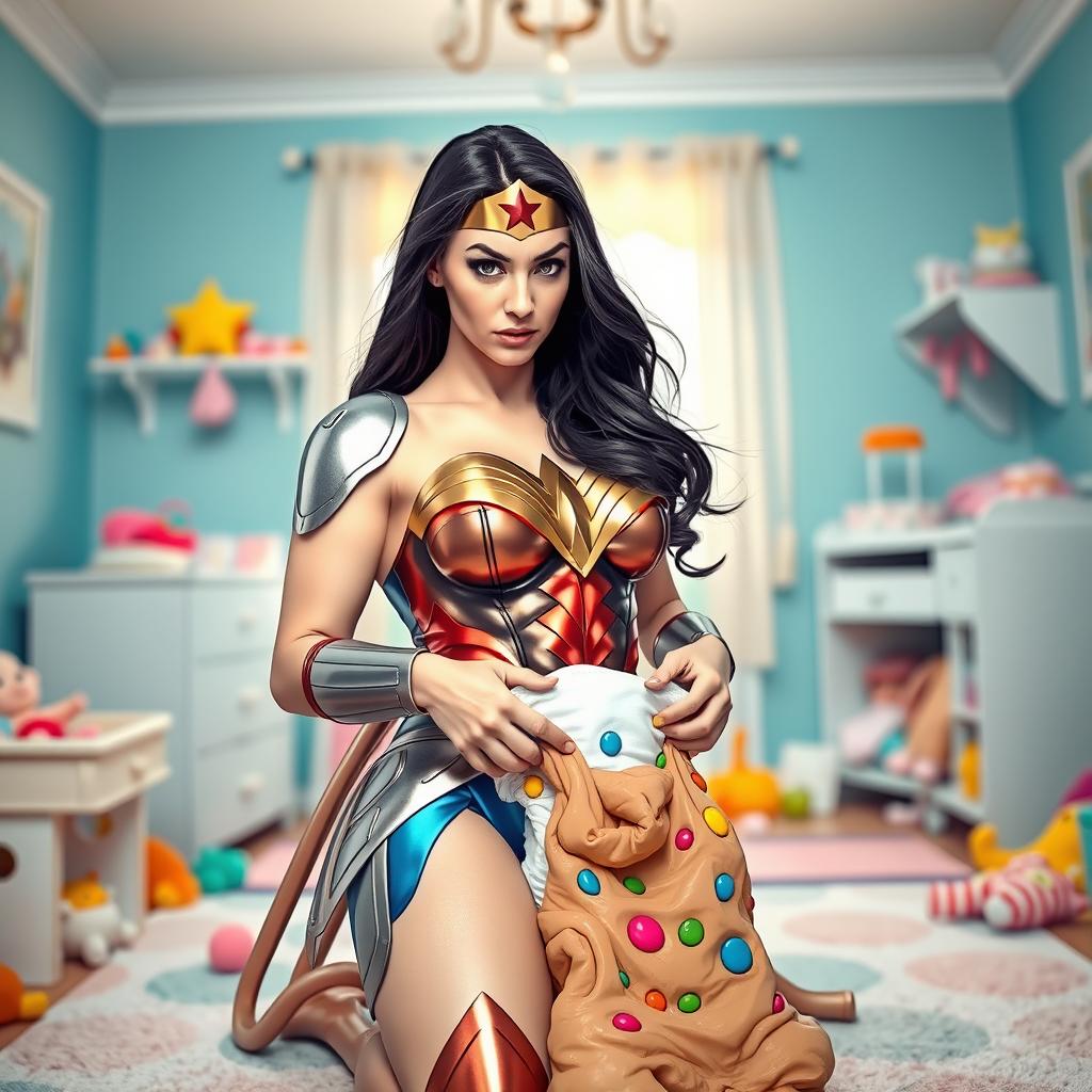 Wonder Woman, in her iconic costume with shiny armor and the classic red, blue, and gold color scheme, is depicted in a humorous and exaggerated scene