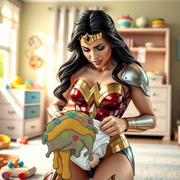 Wonder Woman, in her iconic costume with shiny armor and the classic red, blue, and gold color scheme, is depicted in a humorous and exaggerated scene