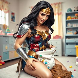 Wonder Woman, in her iconic costume with shiny armor and the classic red, blue, and gold color scheme, is depicted in a humorous and exaggerated scene