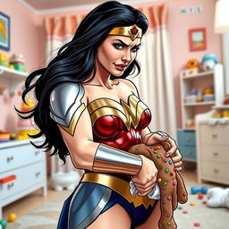 Wonder Woman, in her iconic costume with shiny armor and the classic red, blue, and gold color scheme, is depicted in a humorous and exaggerated scene