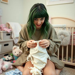Billie Eilish with an expression of disgust on her face, expertly changing a diaper that has had a blowout, surrounded by an array of baby supplies