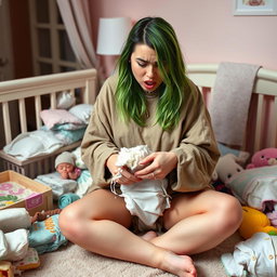 Billie Eilish with an expression of disgust on her face, expertly changing a diaper that has had a blowout, surrounded by an array of baby supplies