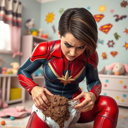 A dynamic and humorous scene depicting Captain Marvel, in her iconic superhero costume, looking absolutely disgusted as she changes a dirty diaper full of baby poop