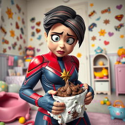 A dynamic and humorous scene depicting Captain Marvel, in her iconic superhero costume, looking absolutely disgusted as she changes a dirty diaper full of baby poop
