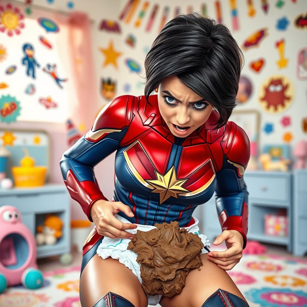A dynamic and humorous scene depicting Captain Marvel, in her iconic superhero costume, looking absolutely disgusted as she changes a dirty diaper full of baby poop
