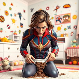 A dynamic and humorous scene depicting Captain Marvel, in her iconic superhero costume, looking absolutely disgusted as she changes a dirty diaper full of baby poop