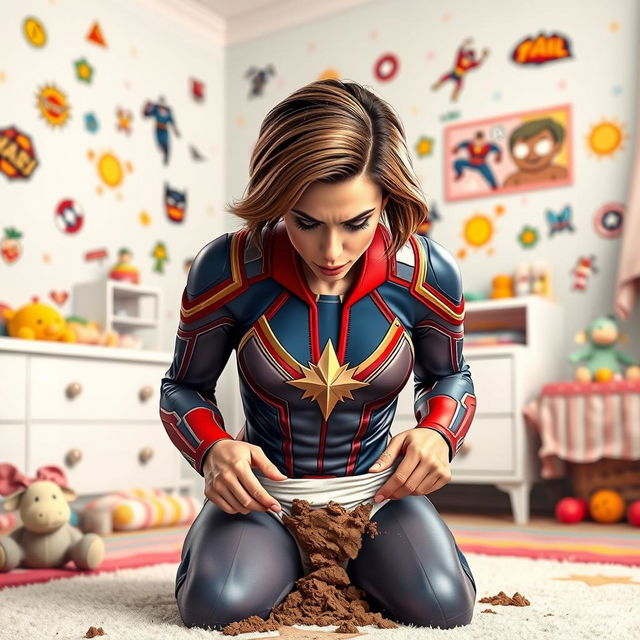 A dynamic and humorous scene depicting Captain Marvel, in her iconic superhero costume, looking absolutely disgusted as she changes a dirty diaper full of baby poop