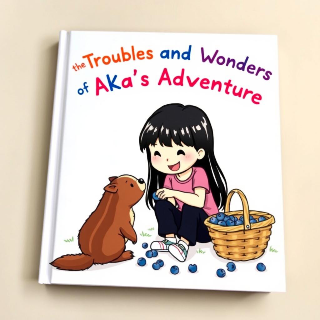 A whimsical children's book cover featuring a cute cartoon scene: a young girl sitting on the ground, happily giving blueberries to a small sable animal