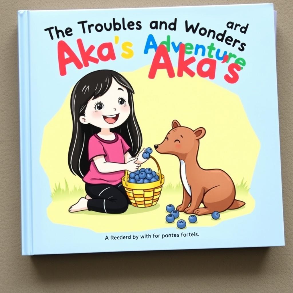 A delightful children's book cover featuring a cute cartoon scene: a young girl sitting on the ground, cheerfully giving blueberries to a small sable animal