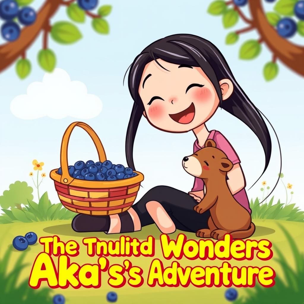 A vibrant and cute cartoon illustration for a children's book cover featuring a young girl sitting on the ground, cheerfully giving blueberries to a small sable animal
