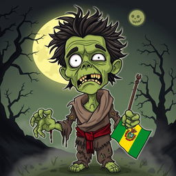 A cartoonish depiction of a zombie version of Evo Morales, former president of Bolivia