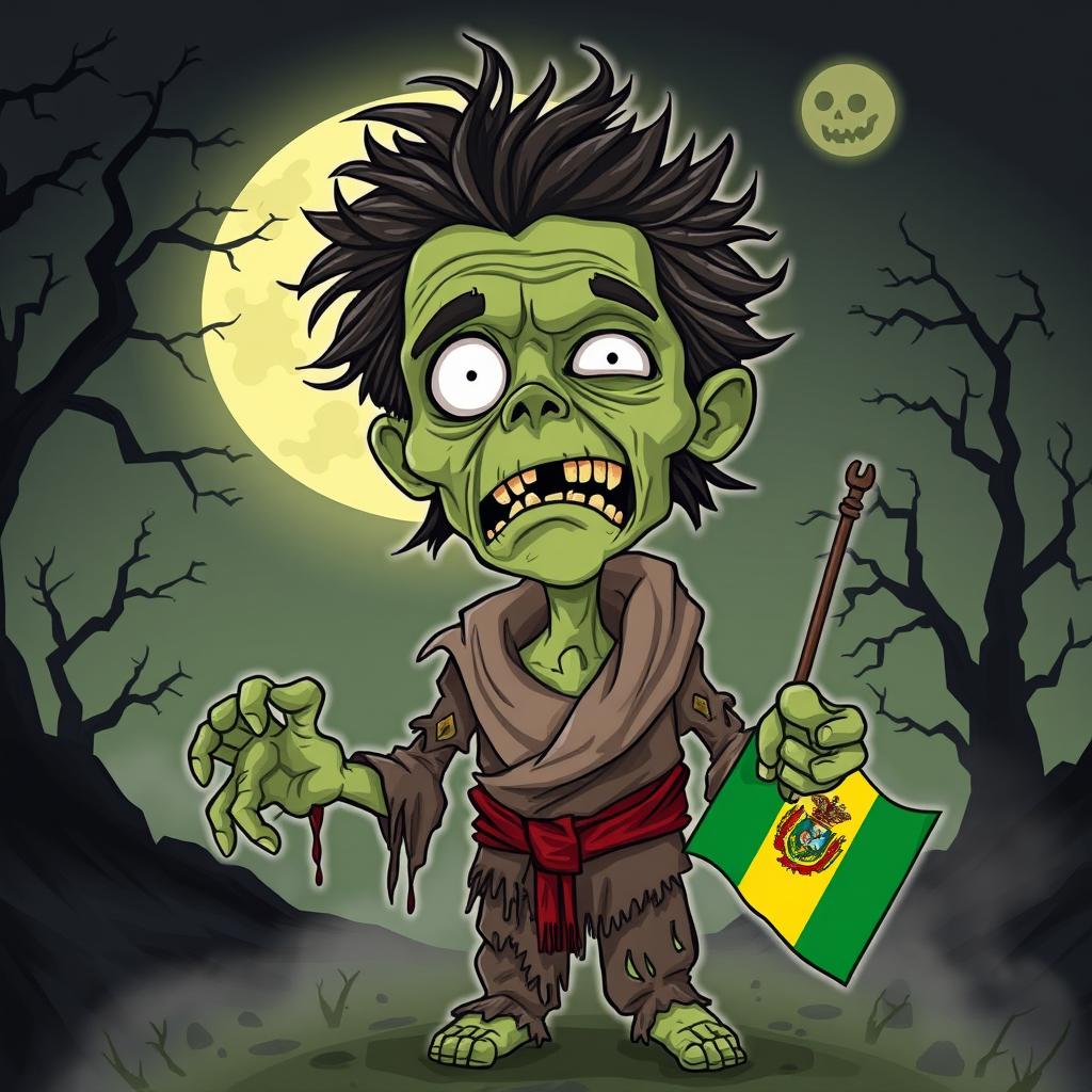 A cartoonish depiction of a zombie version of Evo Morales, former president of Bolivia