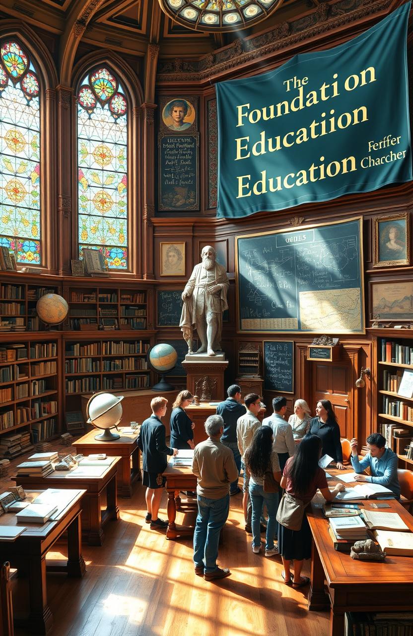 A richly decorated, academic setting representing the foundation of education, featuring an ornate library filled with ancient and modern books, large wooden desks, and a chalkboard filled with mathematical equations and philosophical quotes