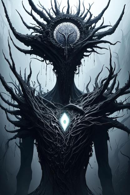 A towering, humanoid figure covered in twisted black branches and organic tendrils