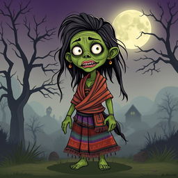 A cartoonish zombie depiction of a cholita woman inspired by Sayuri Loza from Bolivia