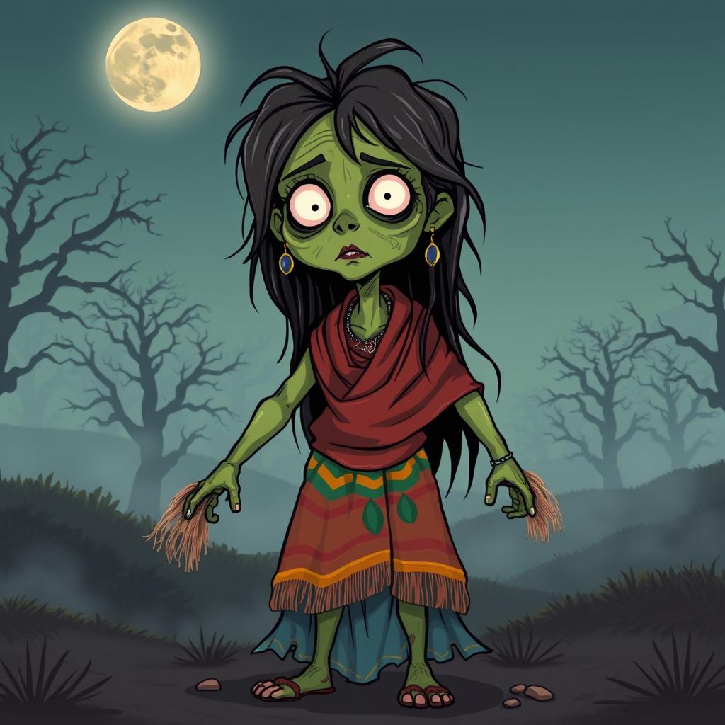 A cartoonish zombie depiction of a cholita woman inspired by Sayuri Loza from Bolivia